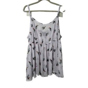 Torrid Blouse Size 4 White Adj Spaghetti Strap Printed Pelican Tiered Flared Hem